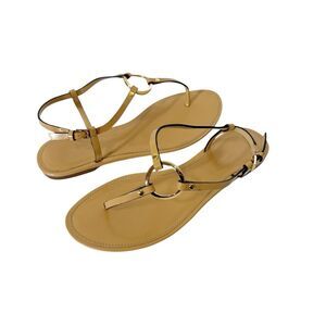 Tory Burch Women’s Ring T-Strap Leather Cantucci Tan Flat Sandals Size 8